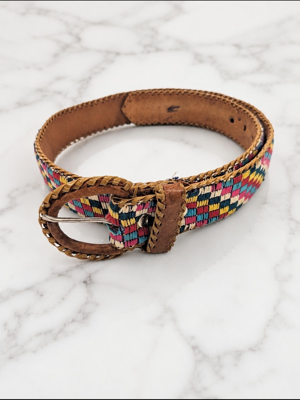 Multi Craft Leather Woven Boho Belt Brown Leather Colorful Textile M